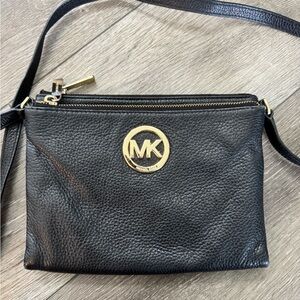 Michael Kors Black Pebbled Leather Crossbody with Gold MK Accent